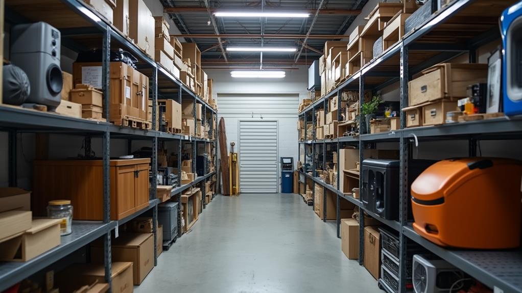 A well-organized storage unit with various items on shelves, including electronics, furniture, and household goods.