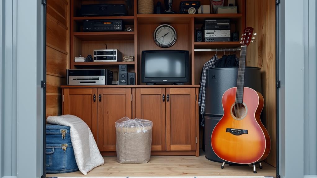 A well-organized storage unit with various items, including electronics, a guitar, and clothing. 