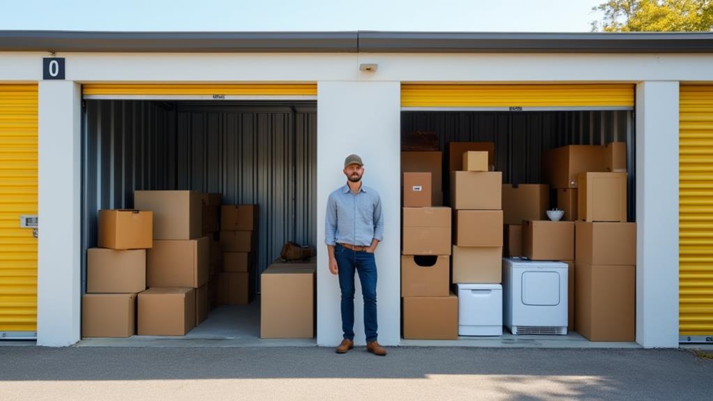 A man standing in front of a row of storage units, measuring the size of one of them.